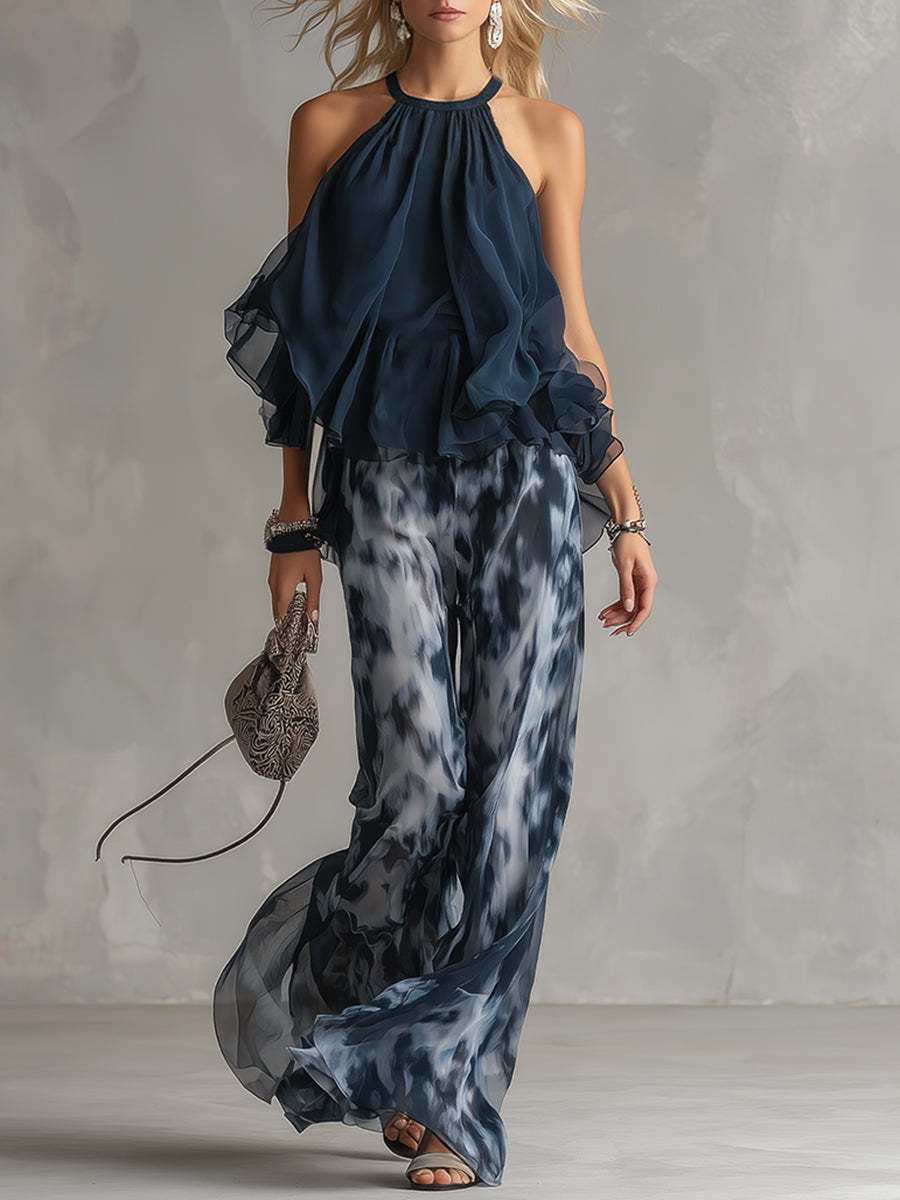 Elegant Urban Navy Blue Halter Neck Top And Printed Wide-leg Pants Chiffon Set
