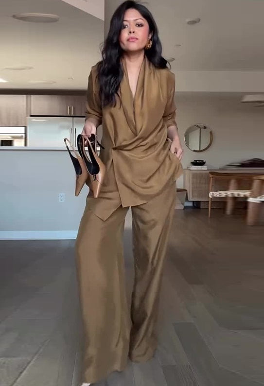 Satin Drape Collar Single Button Casual Blazer and Elastic Waist Pocket Loose Pants Set