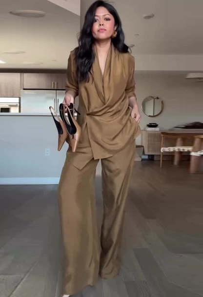 Satin Drape Collar Single Button Casual Blazer and Elastic Waist Pocket Loose Pants Set