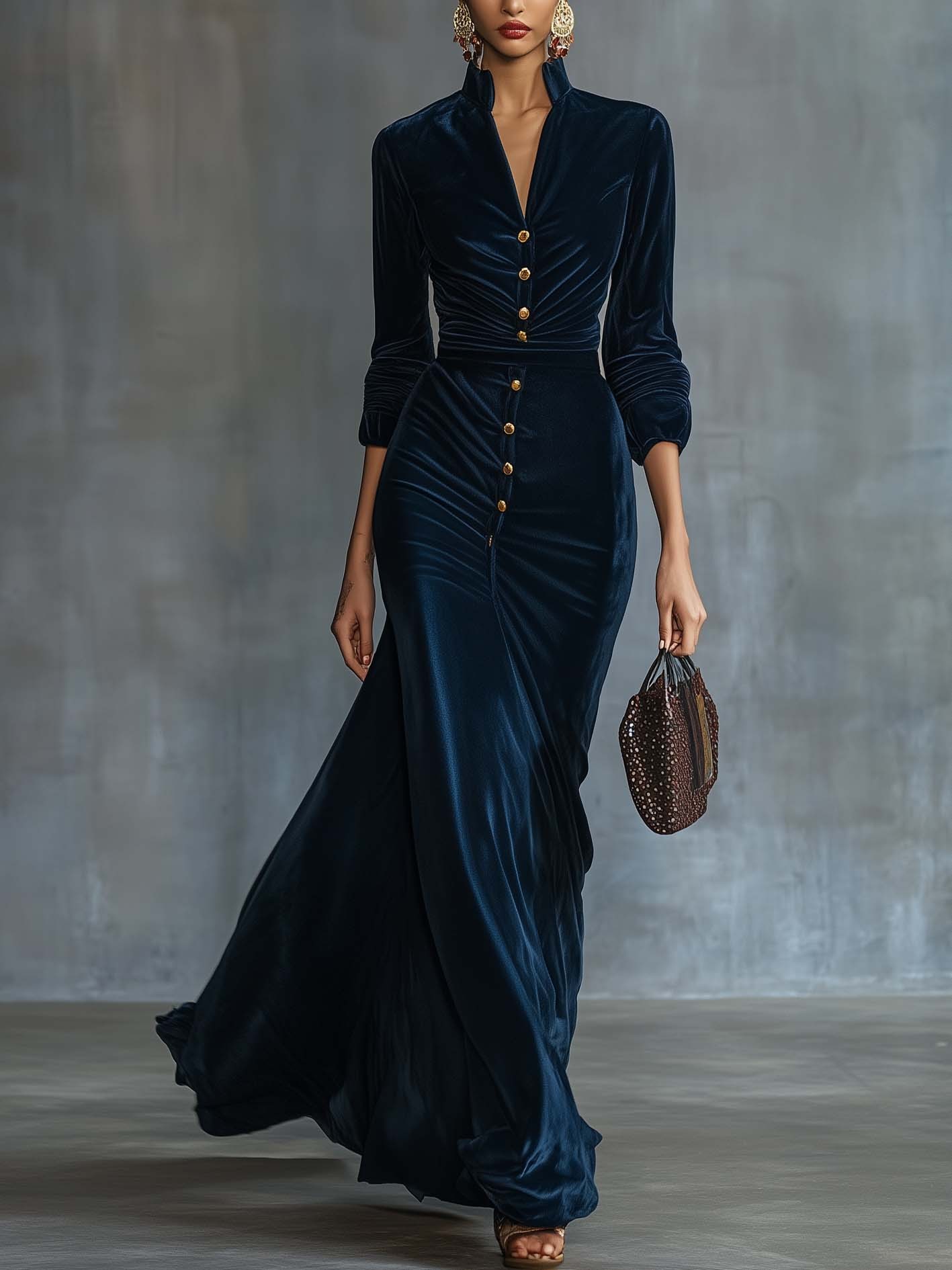 Elegant Navy Velvet Maxi Dress With Buttons