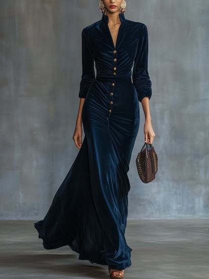 Elegant Navy Velvet Maxi Dress With Buttons