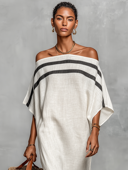 Women's Minimalist Linen Blend Off-the-shoulder Batwing Sleeve Straight-cut Maxi Dress MDZ0949A8Y