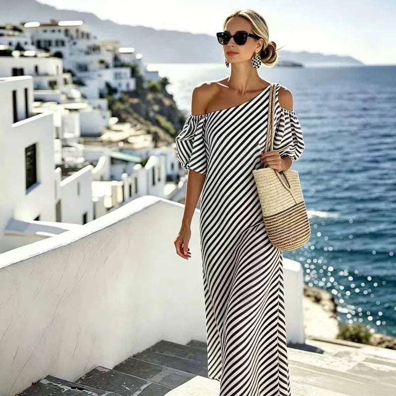 👗Limited-Time 49% OFF✨Women Striped Off Shoulder Dress – Elegant Flowy Summer Chic 🌊