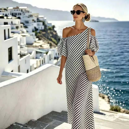 👗Limited-Time 49% OFF✨Women Striped Off Shoulder Dress – Elegant Flowy Summer Chic 🌊