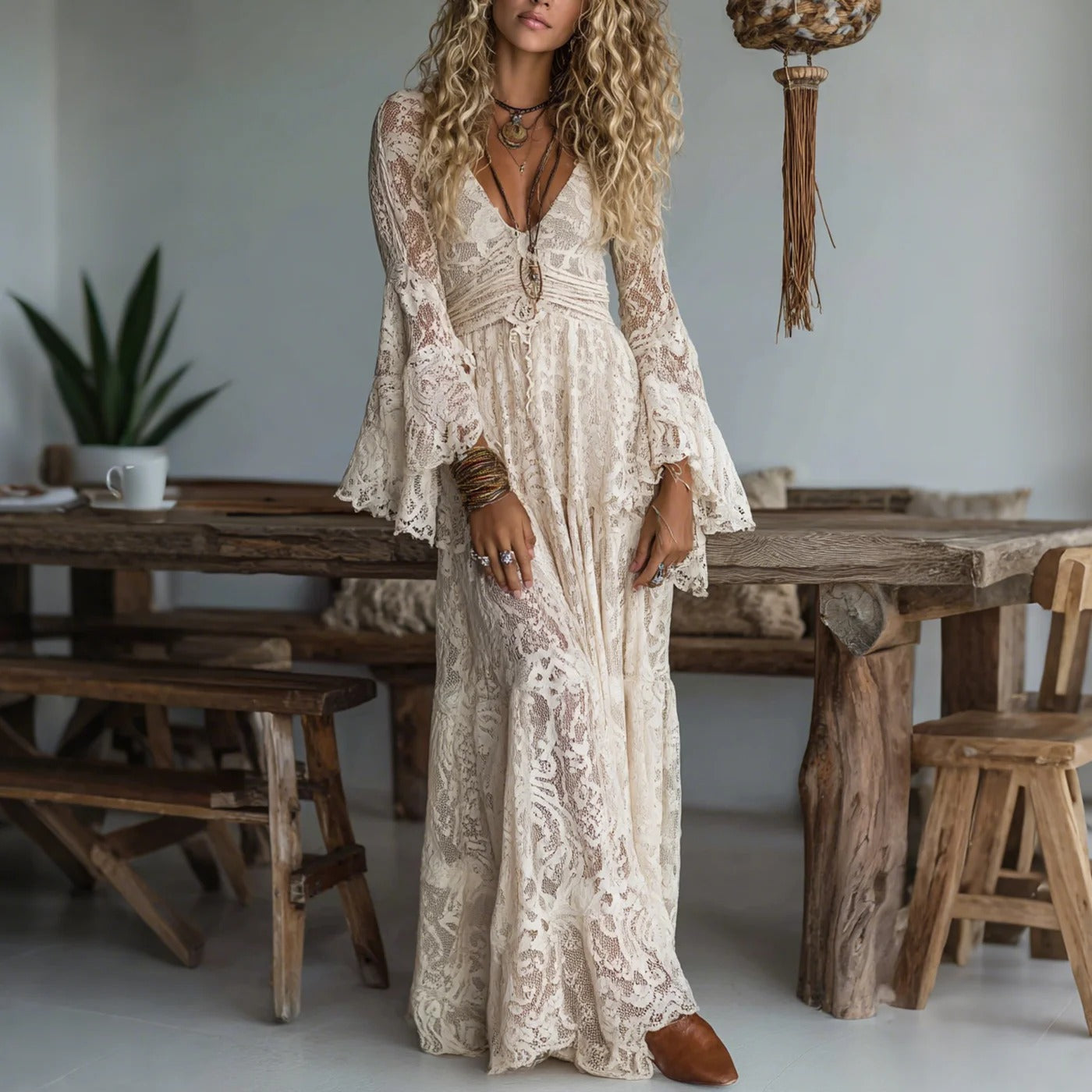 Elegant V-neck High Waist Lace Flared Long Sleeve Dress