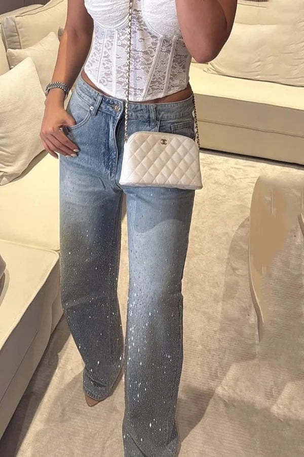 Fashion Star Rhinestone High Rise Casual Pocket Straight Loose Jeans