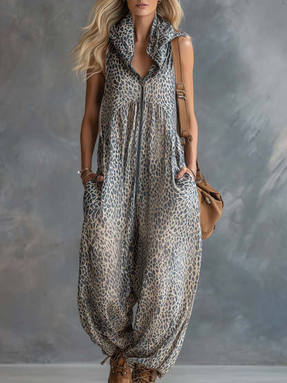 Stylish Urban Apricot-colored Leopard Print Hooded Chiffon Jumpsuit