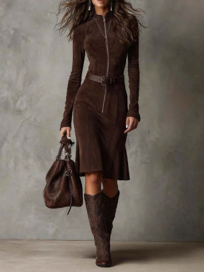Brown Vintage Zipper Belted Midi Dress
