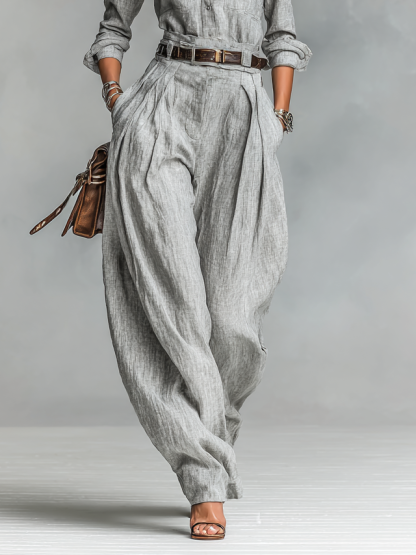 Women's Cotton-linen Blend Long-sleeved Shirt And Trousers Two-piece Set