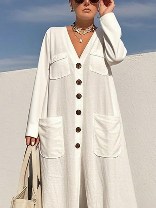 Buttoned Pockets Long Sleeves Loose V-Neck Jumpsuits