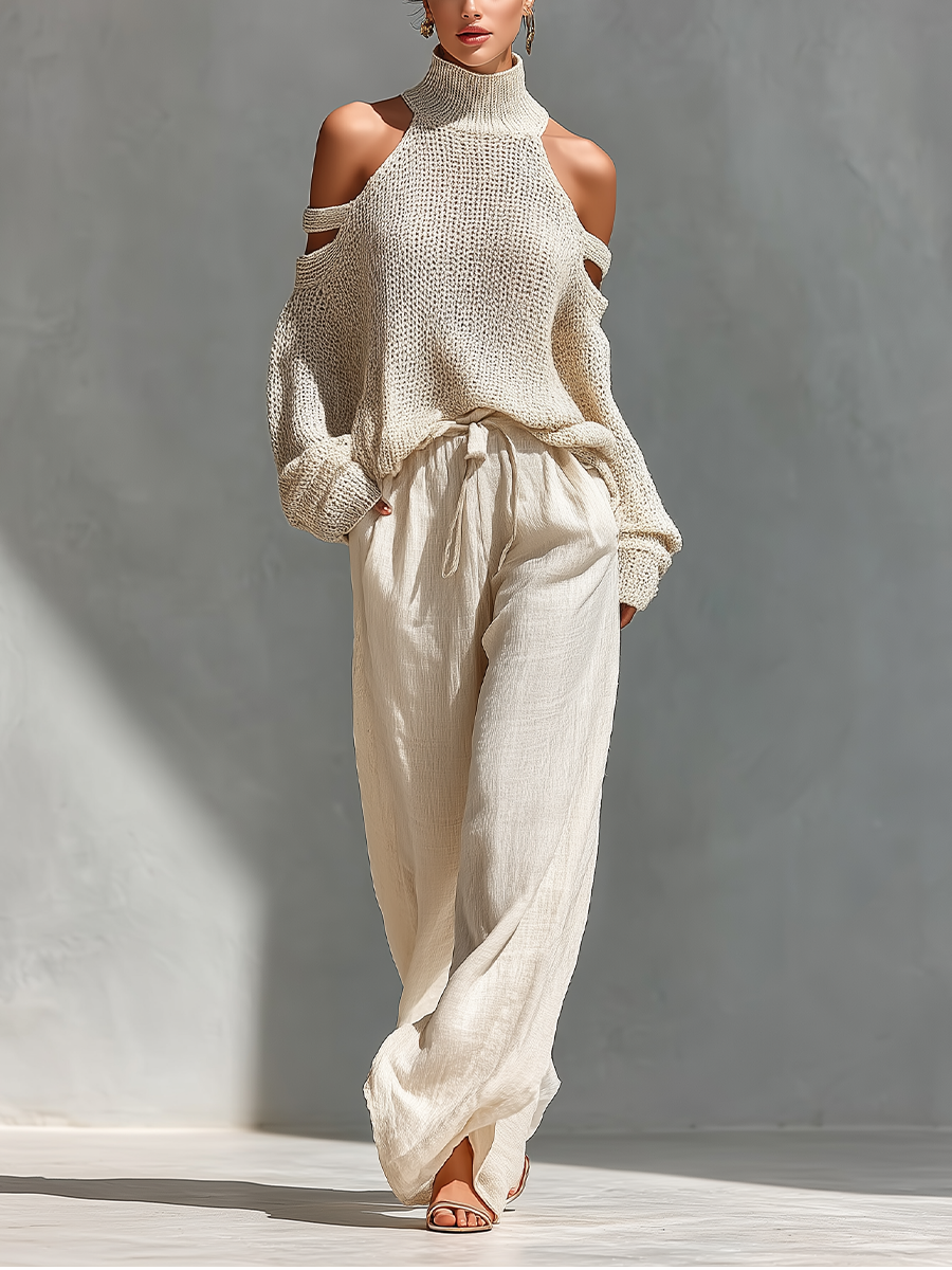 Women's Beige Knit Fabric Cold-Shoulder Turtleneck Top & Wide-Leg Pant