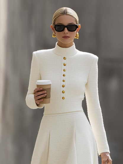 Retro Street Beige Button Knitted Skirt Suit