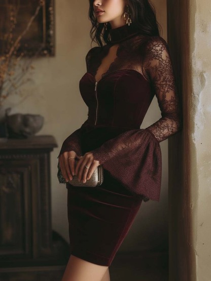 Velvet & Lace Bodycon Mini Dress In Burgundy