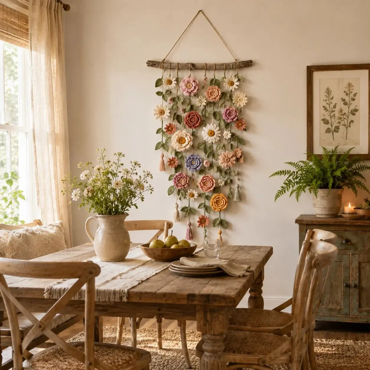 Boho crochet flower wall hanging in a warm sunlit dining room