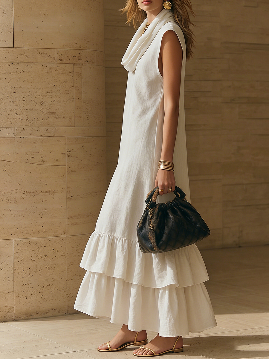 Elegant Cowl-neck Loose-fit Cotton-linen Maxi Dress