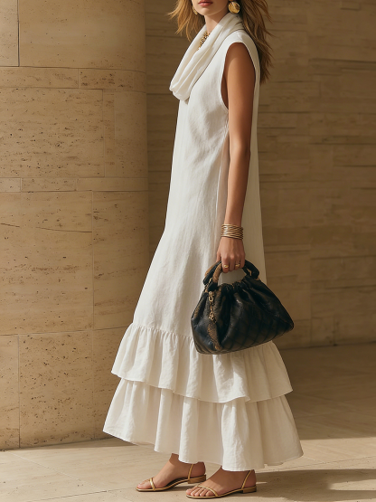 Elegant Cowl-neck Loose-fit Cotton-linen Maxi Dress