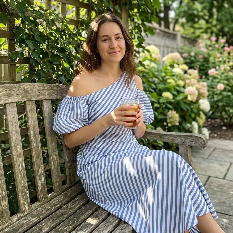 👗Limited-Time 49% OFF✨Women Striped Off Shoulder Dress – Elegant Flowy Summer Chic 🌊