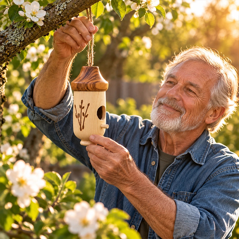 Gardener hanging a wooden birdhouse ornament from a flowering tree
