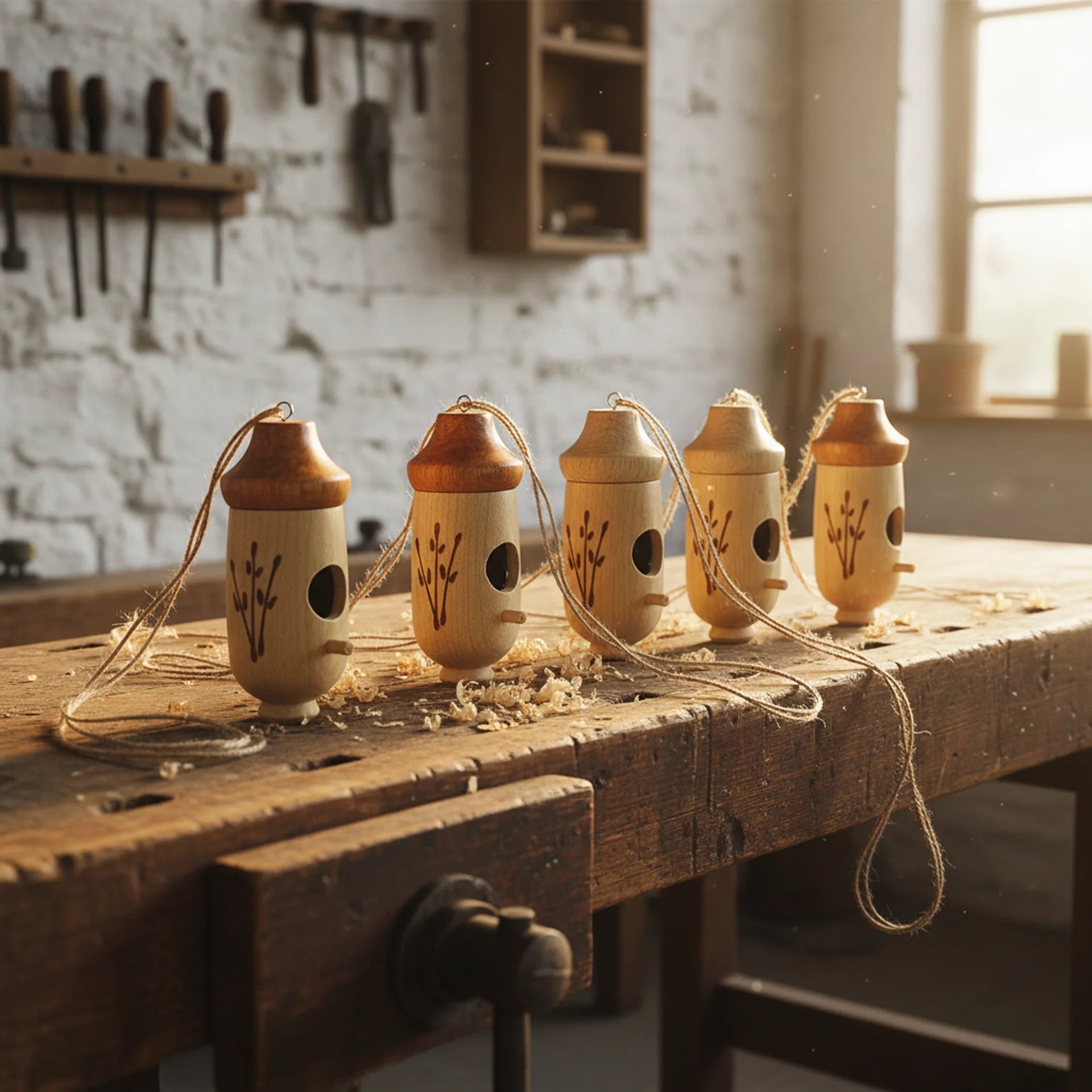 Four wooden hanging birdhouse ornament styles shown with hanging cords