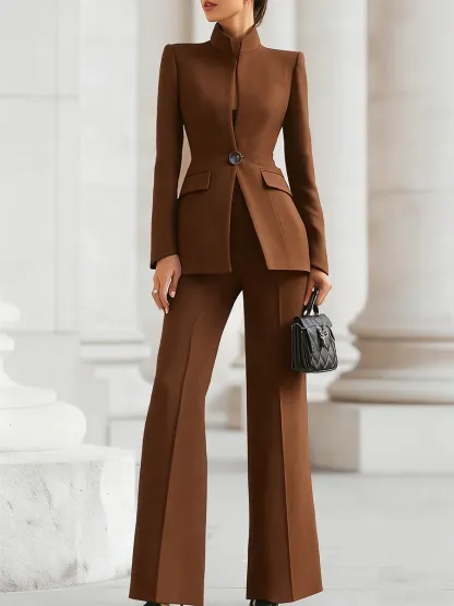 Sophisticated Navy High-Collar Blazer & Wide-Leg Trousers Set