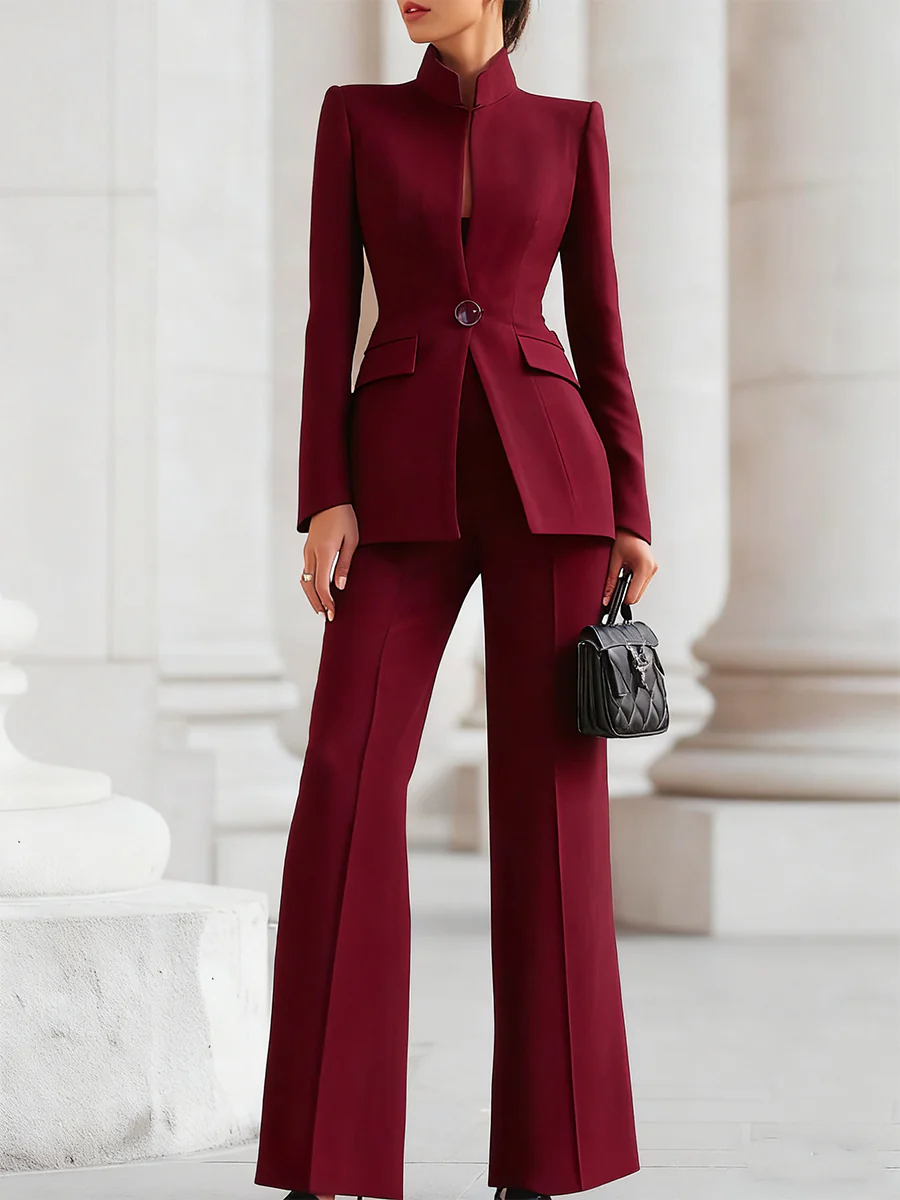 Sophisticated Navy High-Collar Blazer & Wide-Leg Trousers Set