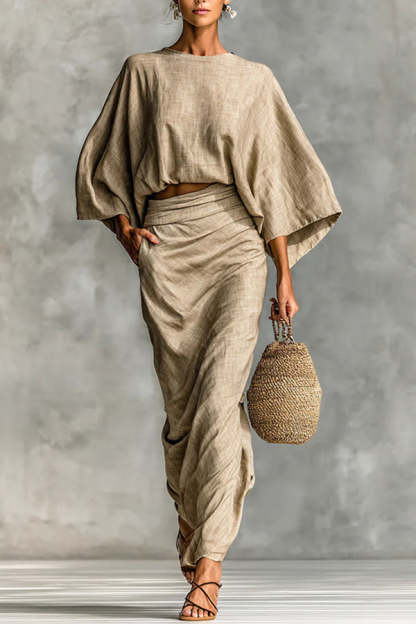 Linen Blend Batwing Sleeve Loose Top and Casual Pocket Maxi Skirt Set