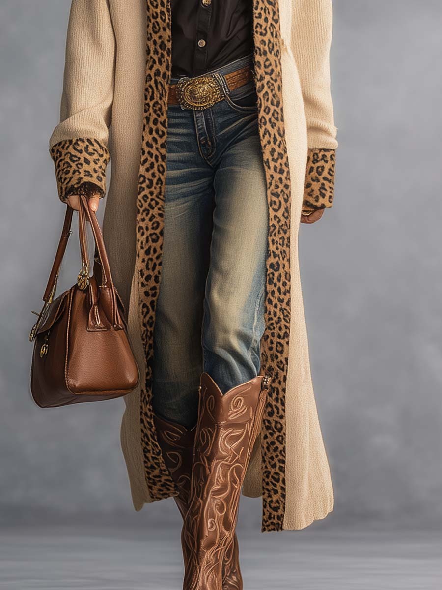 Vintage Western Simple Leopard Trim Beige Knitted Cardigan