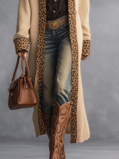 Vintage Western Simple Leopard Trim Beige Knitted Cardigan