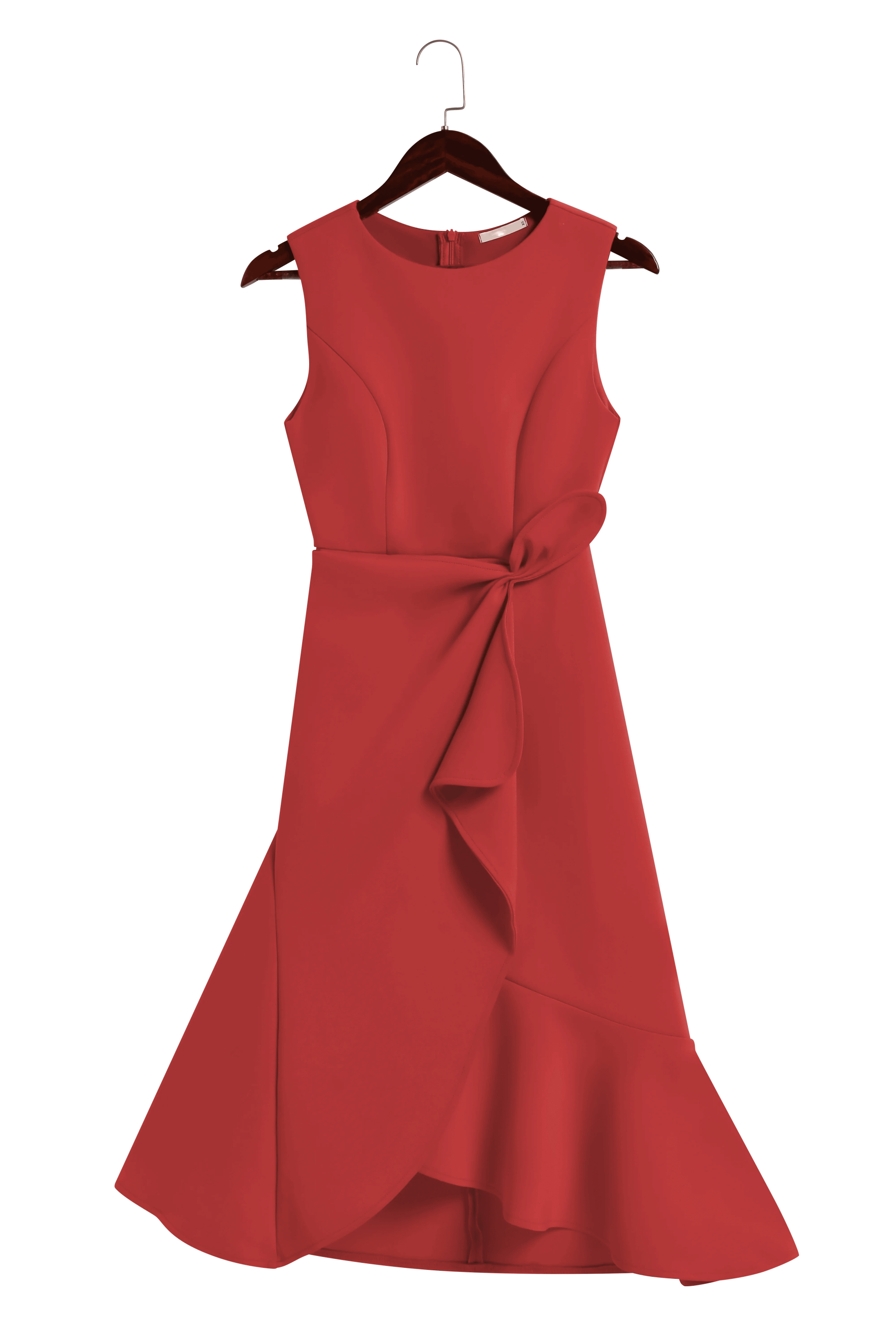 Red Sleeveless Midi Elegant A-line Dress with Waist Twist for Day-to-Night