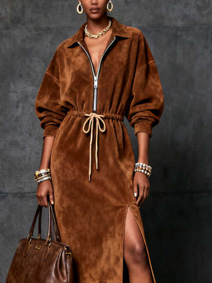 Brown Chic Sophistication Faux Suede Midi Dress