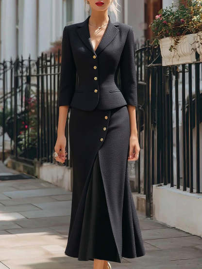 Elegant Textured Buttoned Blazer & Midi Skirt Set