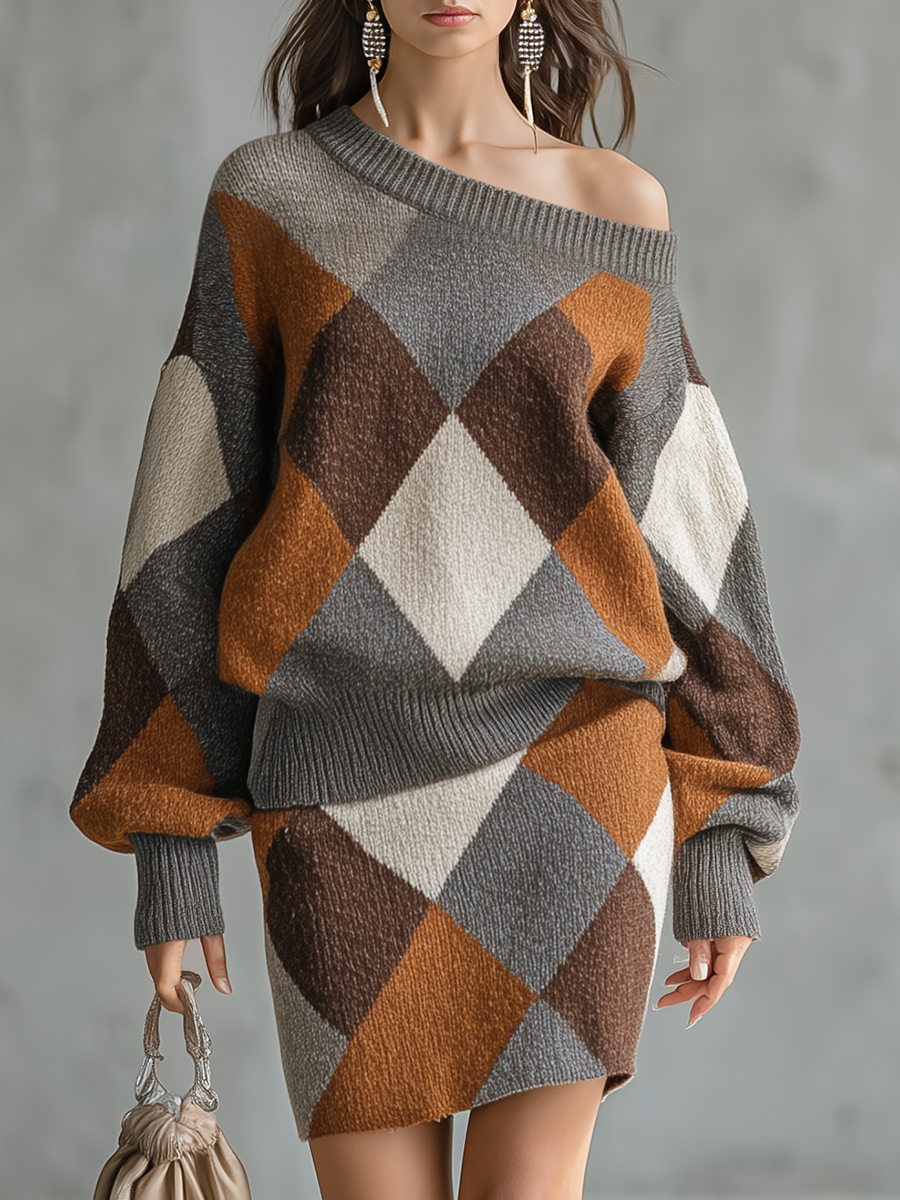 Charm Retro-style Elegant Color-blocked Diamond-patterned Knitted Top 