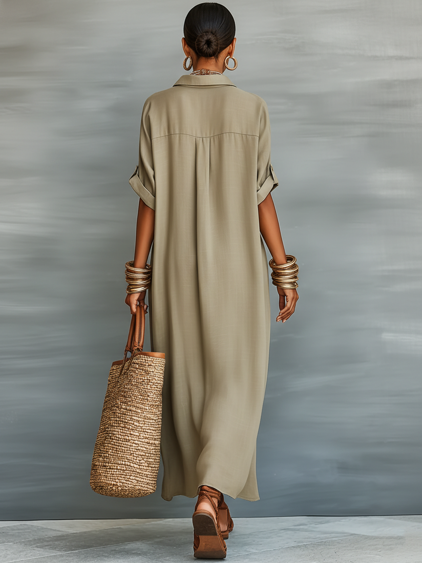 Women's Minimalist Linen Blend Short-sleeved Shirt Maxi Dress MDZ0647A2Y