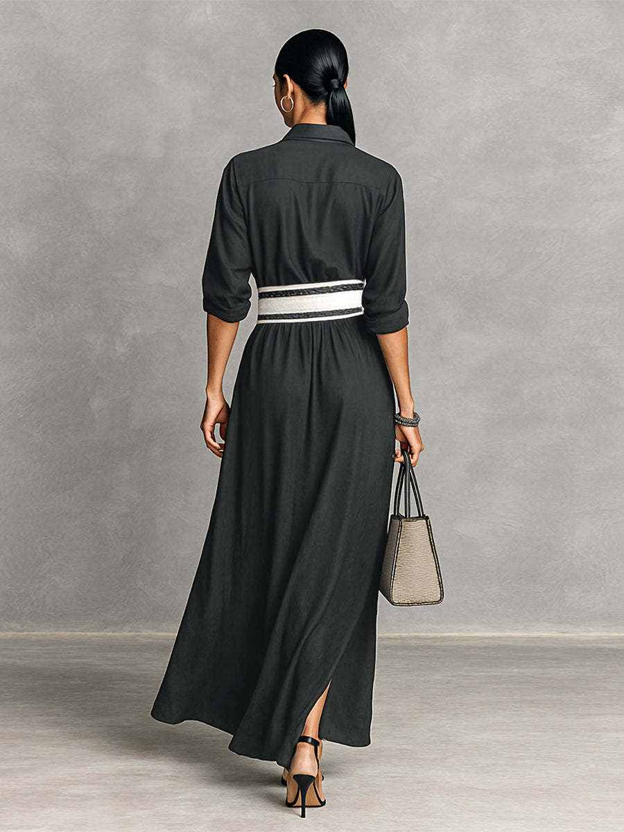 Women's Imitation Cupro Fabric Lapel Single-breasted Long-sleeved Waist Maxi Dress MDA2258G6Y