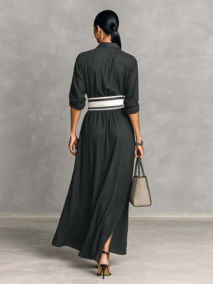 Women's Imitation Cupro Fabric Lapel Single-breasted Long-sleeved Waist Maxi Dress MDA2258G6Y
