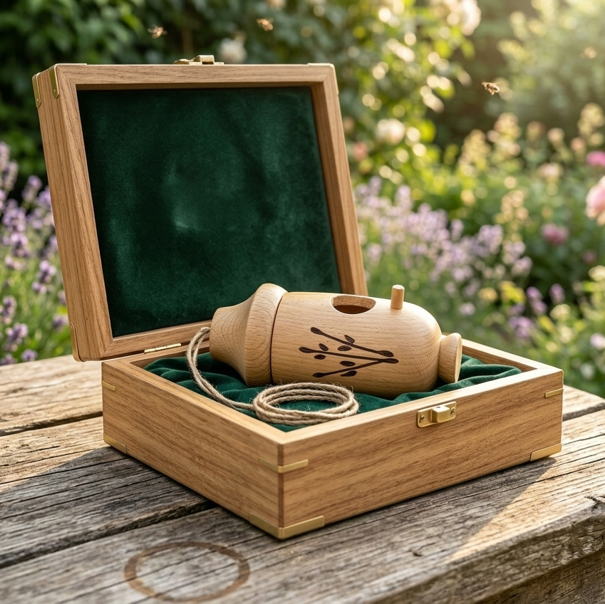 Single wooden hanging ornament displayed in a presentation-style box