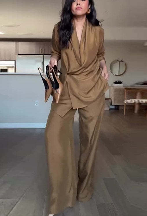 Satin Drape Collar Single Button Casual Blazer and Elastic Waist Pocket Loose Pants Set