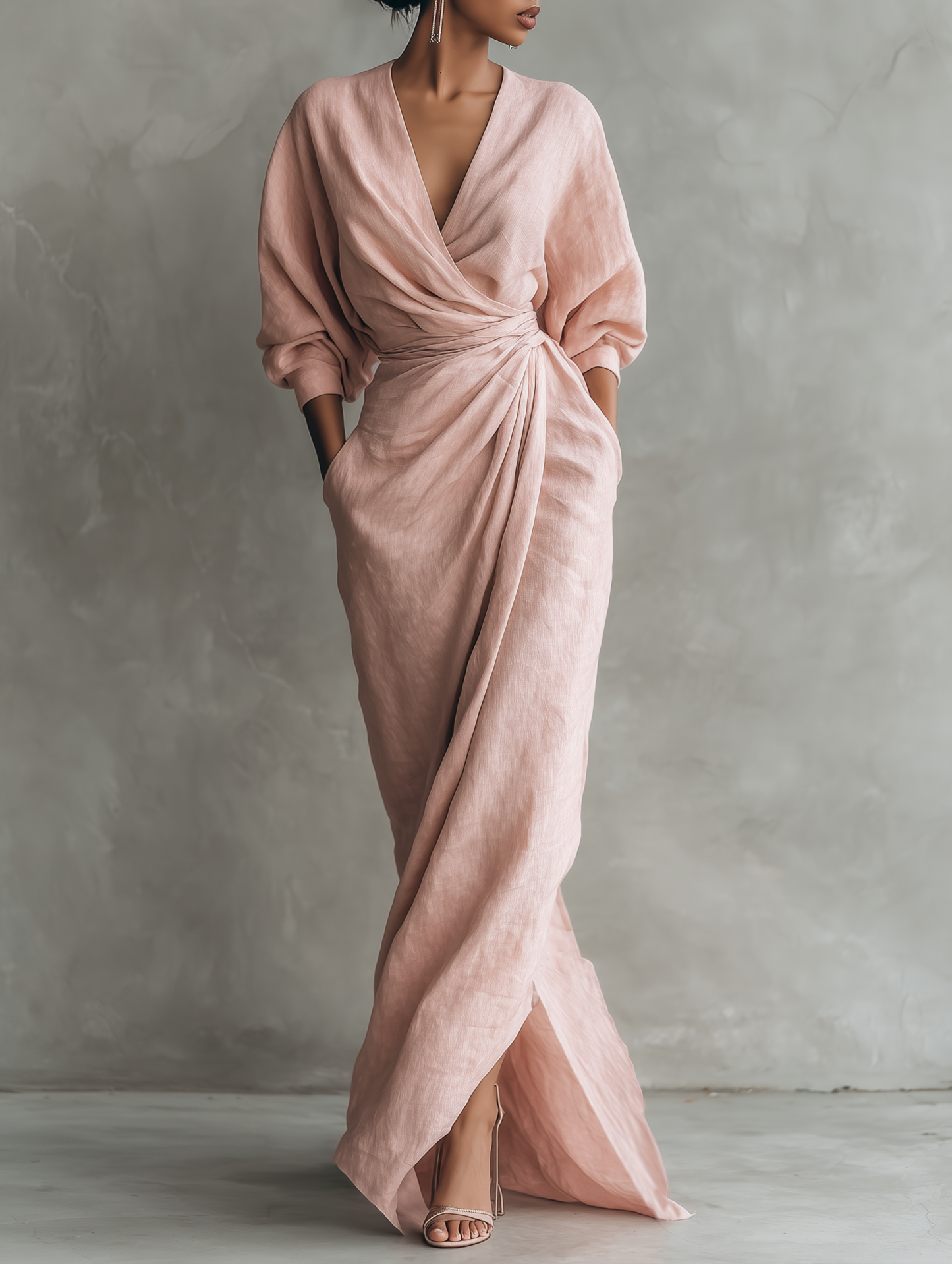 Women's Pink Minimalist V-neck Linen Blend Maxi Dress MDA1655L0Y