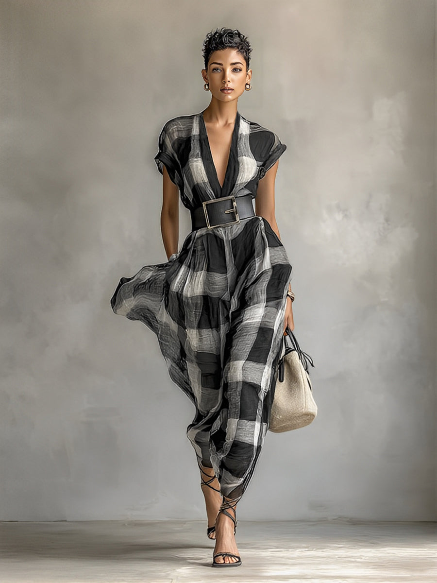 Women's Linen Blend Plaid V-neck Cap Sleeve Belt Maxi Dress MDA1915G6Y