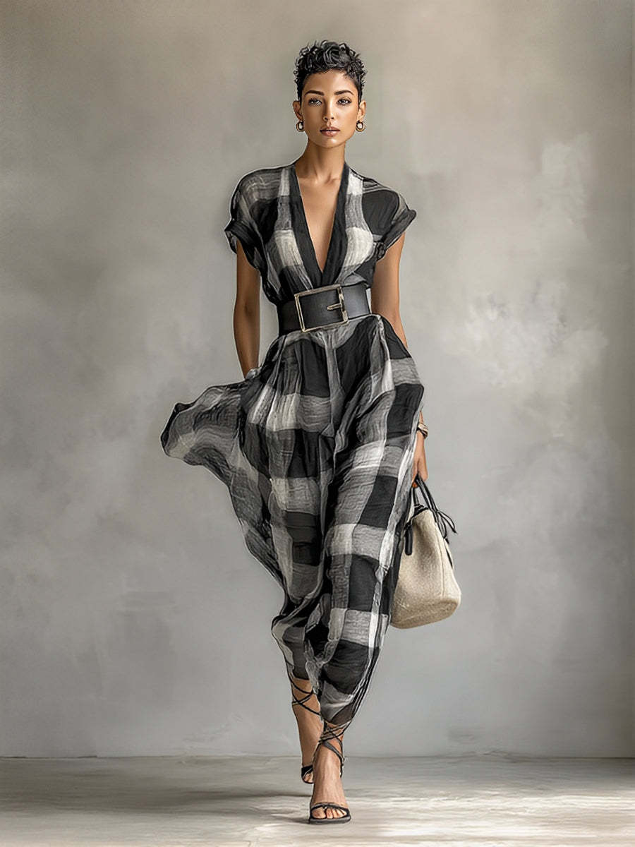 Women's Linen Blend Plaid V-neck Cap Sleeve Belt Maxi Dress MDA1915G6Y