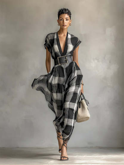 Women's Linen Blend Plaid V-neck Cap Sleeve Belt Maxi Dress MDA1915G6Y