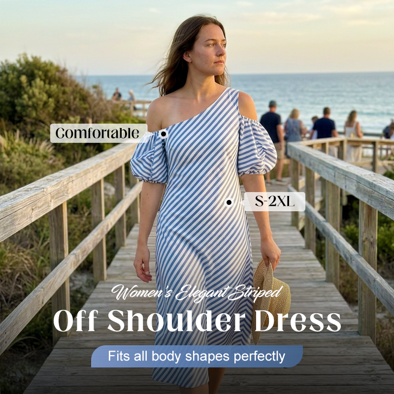 👗Limited-Time 49% OFF✨Women Striped Off Shoulder Dress – Elegant Flowy Summer Chic 🌊