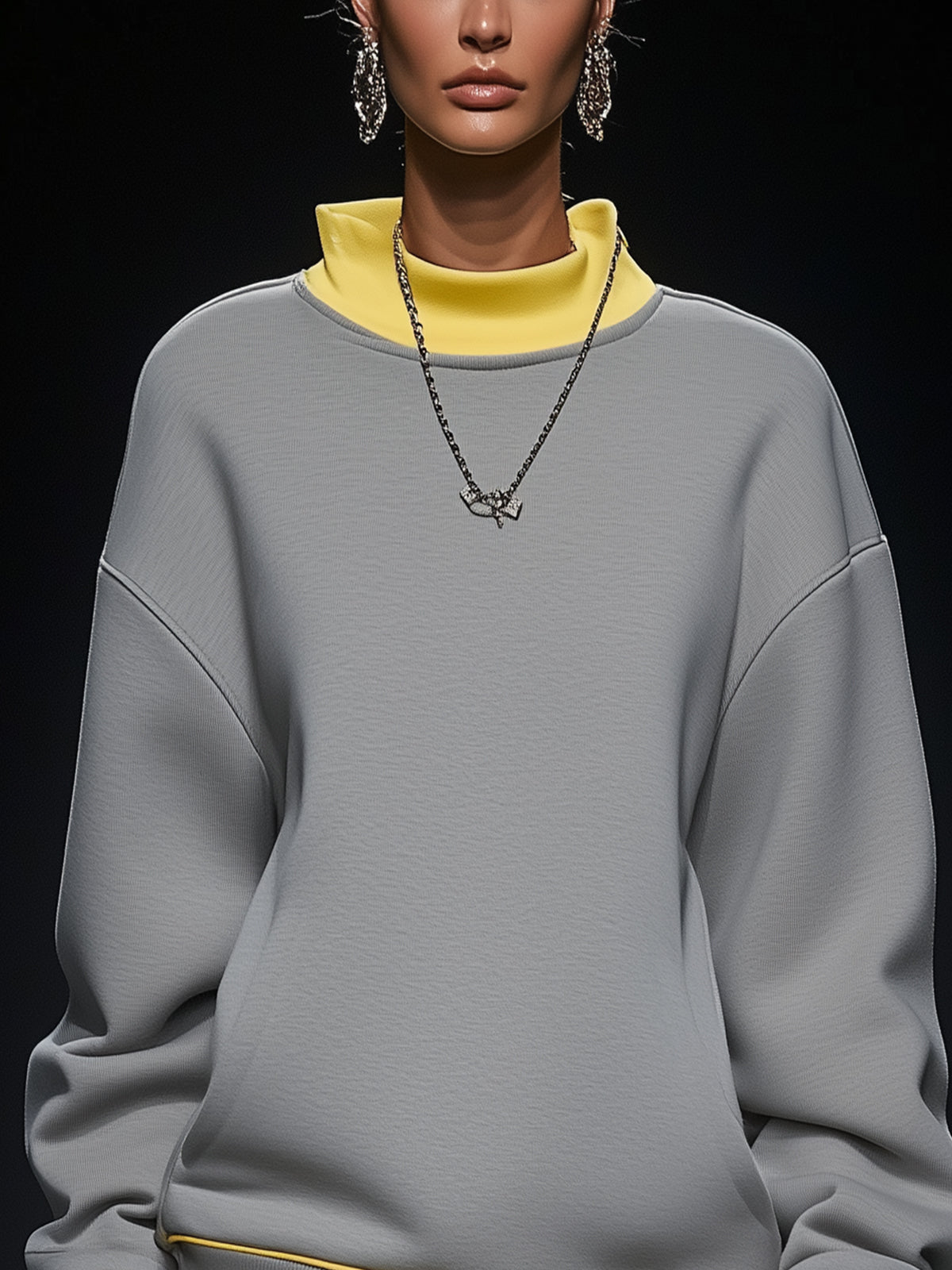 Gray Turtleneck Mini Casual Dress With Yellow Trim And Hem