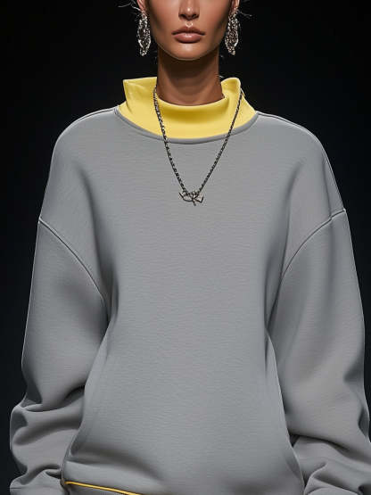 Gray Turtleneck Mini Casual Dress With Yellow Trim And Hem