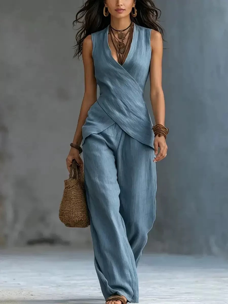 Elegant Off-white Linen Crossover Top And Wide-leg Pants Set