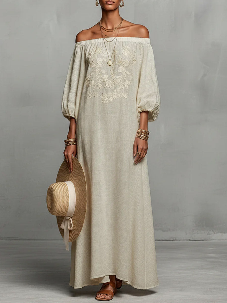 Women's Round Neck Long Sleeve Casual Loose Linen Dress