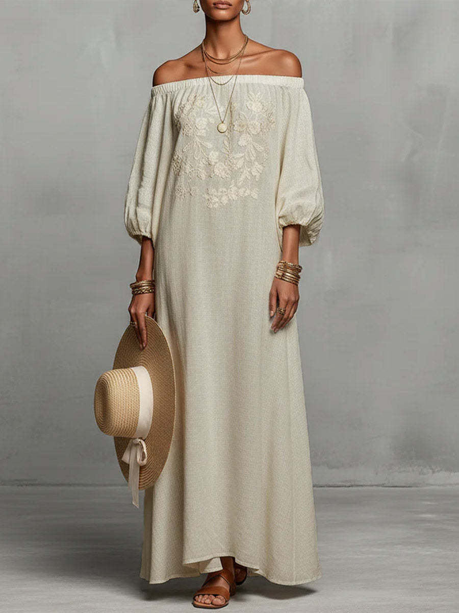 Women's Round Neck Long Sleeve Casual Loose Linen Dress