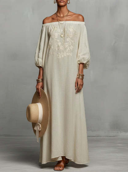 Women's Round Neck Long Sleeve Casual Loose Linen Dress