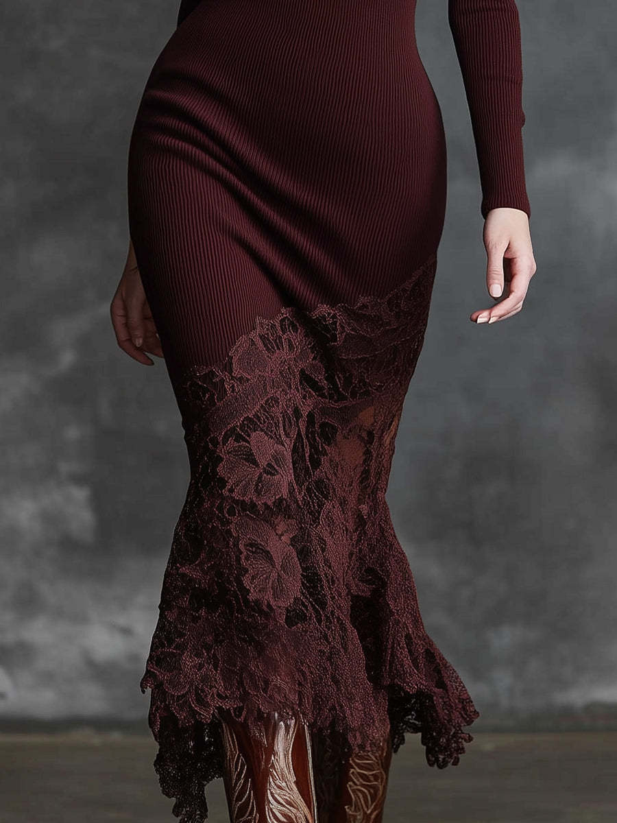 Simple And Elegant High-neck Lace Hem Burgundy Knitted Maxi Dress