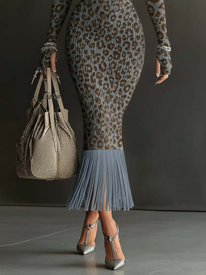 Blue  Leopard Print Knit Fringe Bodycon Dress